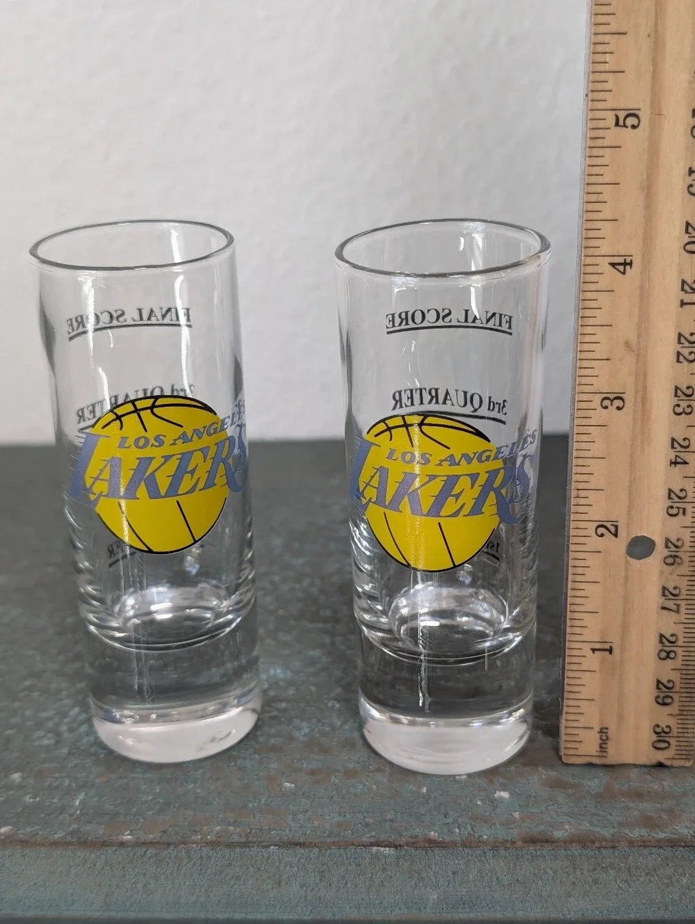 Vtg Pair of Los Angeles Lakers Gameday Shot Glasses Quarter Lines Boelter Brands